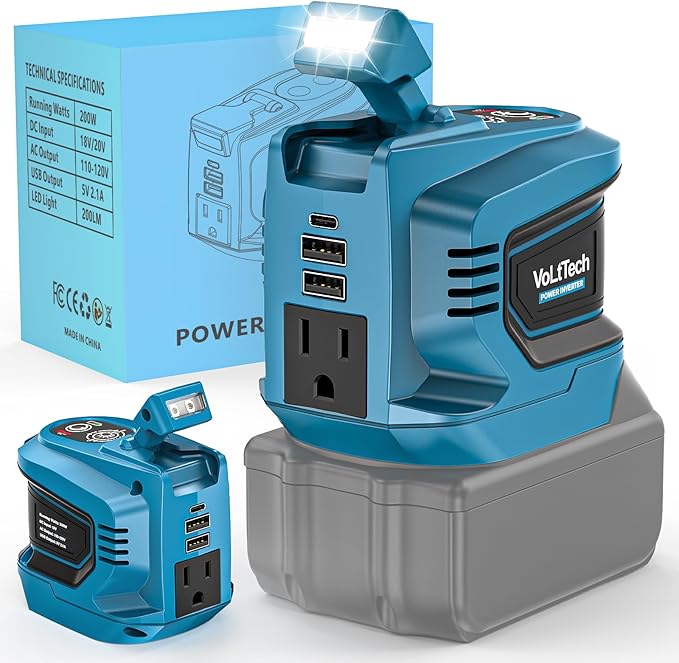 Real 200W Power Inverter Compatible with Makita 18V, Battery Inverter 18V to 110V-120V, Portable Phone Charger USB Charger Adapter Power Adapter with 2 USB Ports & 1 Type-C & 1 AC (No Battery)