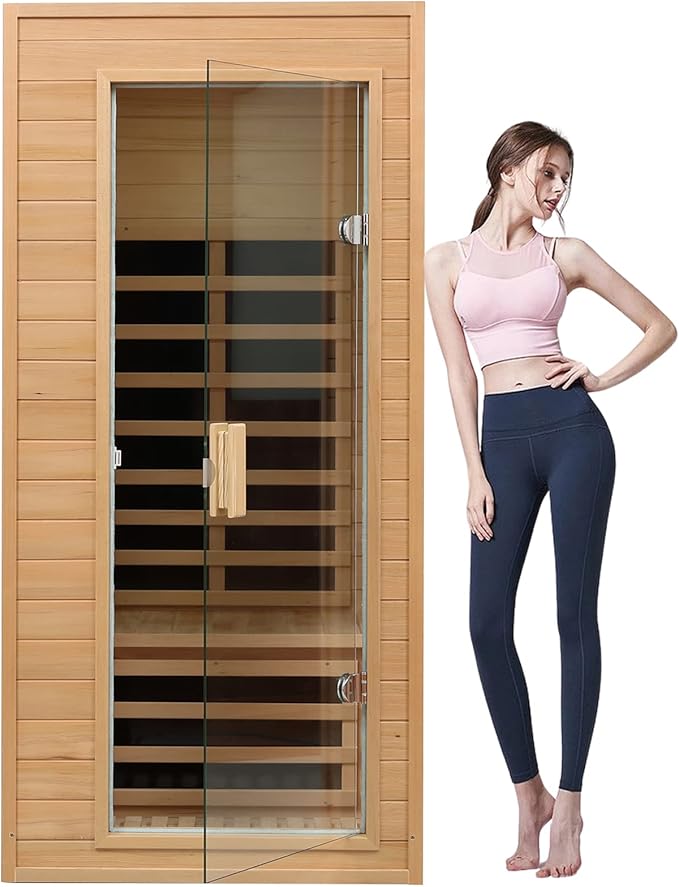 1 Person Infrared Sauna, Home Sauna, Hemlock Wood Far Infrared Sauna, 1,200watt, Low EMF FAR Infrared with Bluetooth, LCD, LED Lights, for Home Indoor