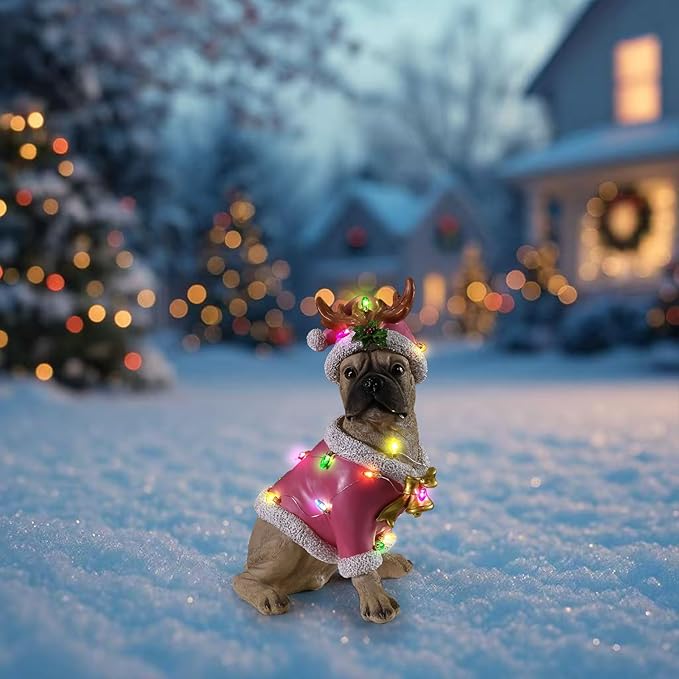 Christmas Outdoor Decoration Dog Statue, LED Light Cute English Bulldog Sculpture with Pink Santa Outfit & Lights for Garden and Yard, Indoor Holiday Décor Gift for mom and dad