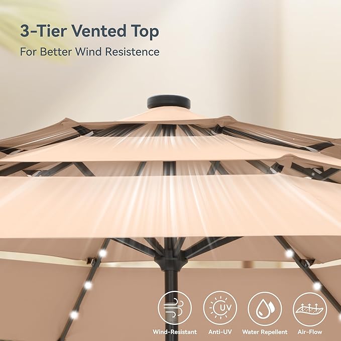 PHI VILLA 10ft Patio Umbrella with Solar Lights, Outdoor 3 Tier Vented Large Market Table Umbrella with 8 Sturdy Ribs and 1.5" Umbrellla Pole for Lawn Poolside Garden Terrace, Beige