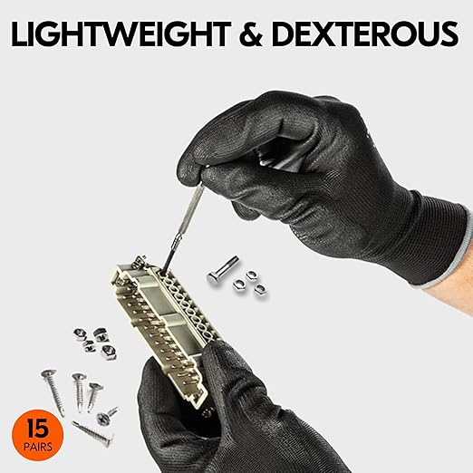 Vgo... 15-Pairs Safety Work Gloves, Gardening Gloves, Polyurethane Coated, Dipping Gloves, Latex Free (Size XL, Black, PU2103)