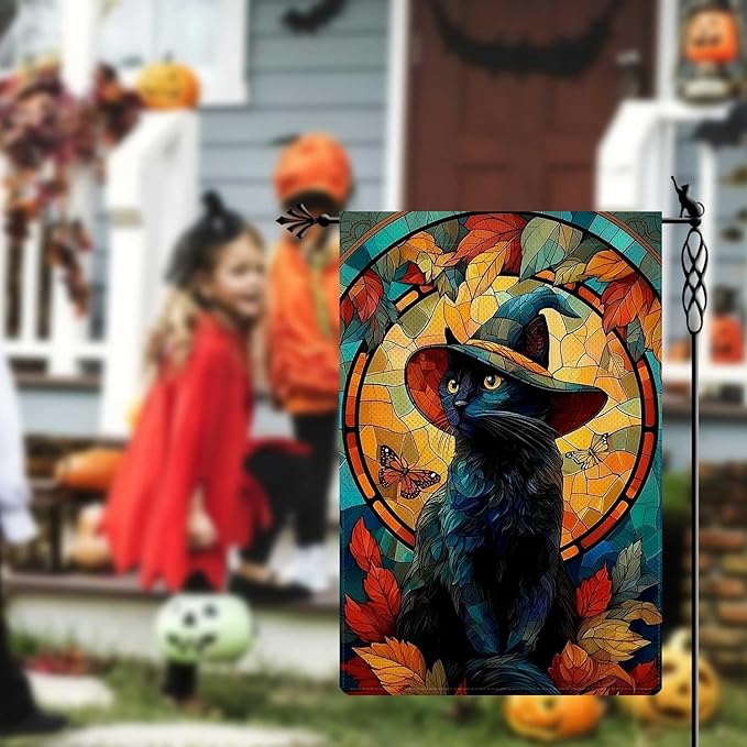 Halloween Wizard Cat Garden Flag Stained Glass Style Holiday Garden Flag Vertical Double Sided Rustic Farmland Burlap Yard Lawn Outdoor Decor 12.5x18"