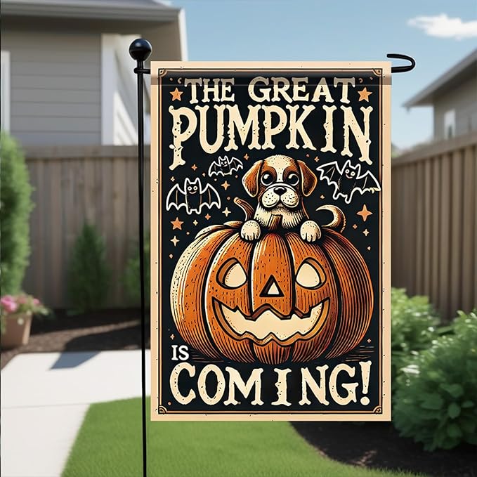 Halloween Garden Flag Pumpkin Dog Design Outdoor Yard Banner Autumn Fall Decoration Jack O Lantern Pumpkin Lawn Holiday Party Home Decor 12x18 Inch Double Sided Seasonal House Flag