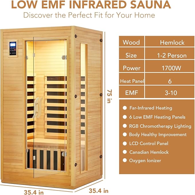 Garvee 2025 Upgrade 1 to 2 Person Sauna, 6 Heating Plate Infrared Physical Therapy Wooden Dry Steam Sauna, Low EMF, MP3 Auxiliary Connection, Dual Controls Inside and Outside Fits, Home Spa Day Use