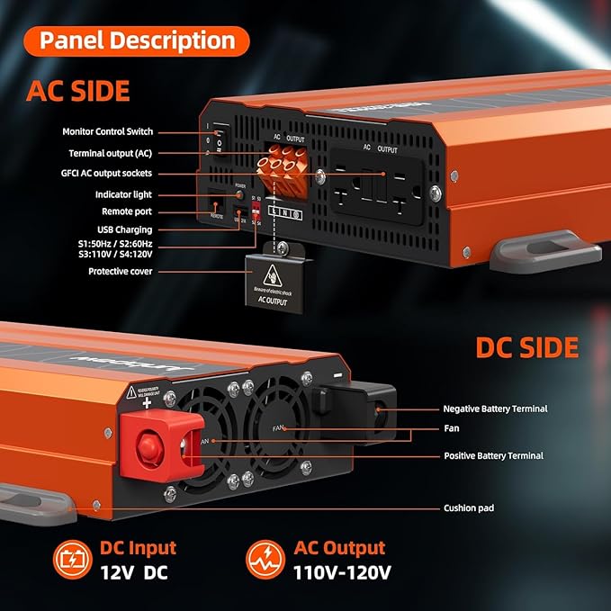 2080w Pure Sine Wave Inverter 12V to 110V Ultra Quiet, Game-Changing Design | 12V to 110 Converter for Home, RV, Camping, Off-Grid & Outdoor Adventures丨DC to AC (LGE-12V-2080Ti)