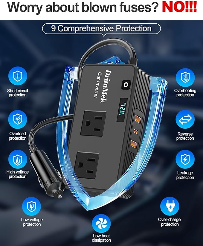 200W Car Power Inverter, Car Plug Adapter Outlet DC Inverter 12V to 110V AC Cigarette Lighter with 24W USB-C & USB-A Dual Outlets Fast Car Charger for Laptop Vehicles, Road Trip, Camping