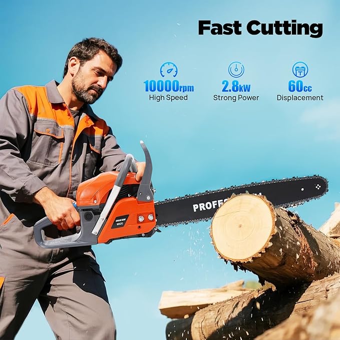 Gas Chainsaw, 2Stroke/4Stroke Gasoline Chainsaw Power Chain Saws Handheld Cordless Petrol Chainsaws For Wood Cutting Forest Felling Tree Pruning Shrub Pruning (2Stroke 22In 2800W 60CC)