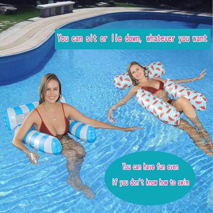 HJW 2-Pack Inflatable Pool Lounger Chair - Multi-Purpose Floating Hammock for Adults, Comfortable Pool Float Raft for Swimming Pool & Water Activities(Striped Light Blue + Watermelon)