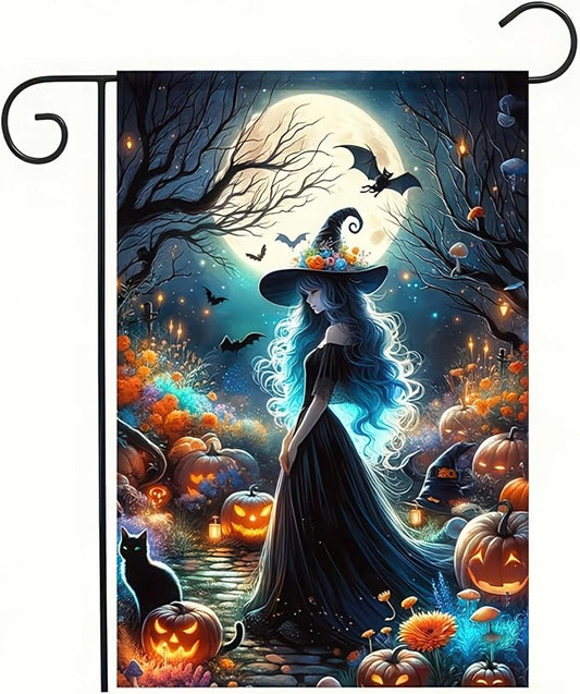 Halloween Witch Garden Flags,Witch Best Friend Black Cat Halloween Yard Flag,Holiday Patio Yard Outdoor Party Decor 12x18 Inch Double Sided