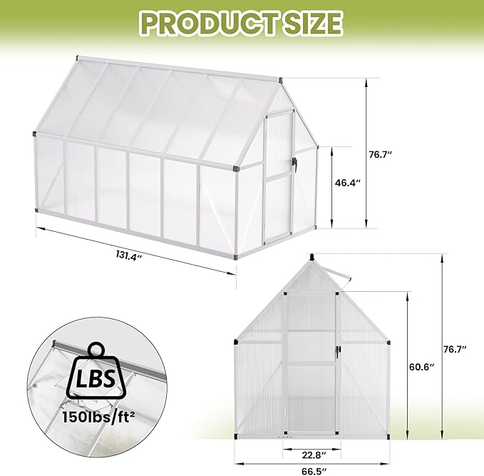 Garvee 6x11 FT Outdoor Greenhouse with Windproof Aluminum Frame, Polycarbonate Greenhouse, Lockable Door and Ajustable Roof Vent, Aluminum Walk-in Greenhouses, for Backyard, Lawn