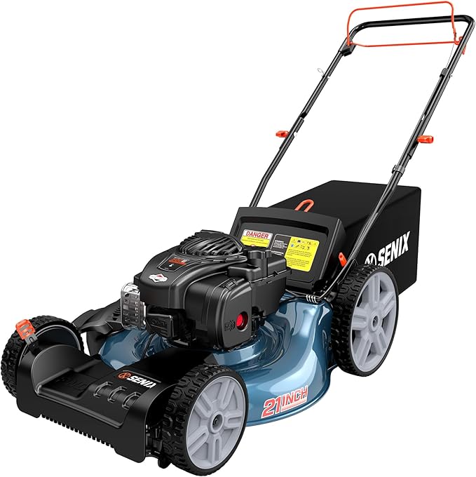 SENIX Self Propelled Gas Lawn Mower 21''- 140 cc 4-Cycle Briggs & Stratton Engine, 3-in-1 Bagging, Mulching, and Side Discharge, 6 Heights Adjustment, Gas Lawn Mower