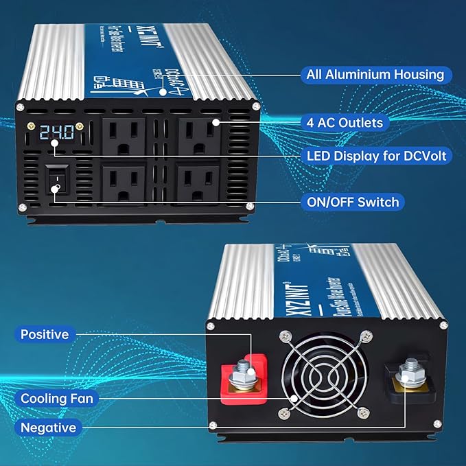 1800W Pure Sine Wave Inverter DC 24V to AC 120V, 3600W Peak Power with LED Display, Power Converter for Car, Truck, Solar, Home & Rechargeable Devices