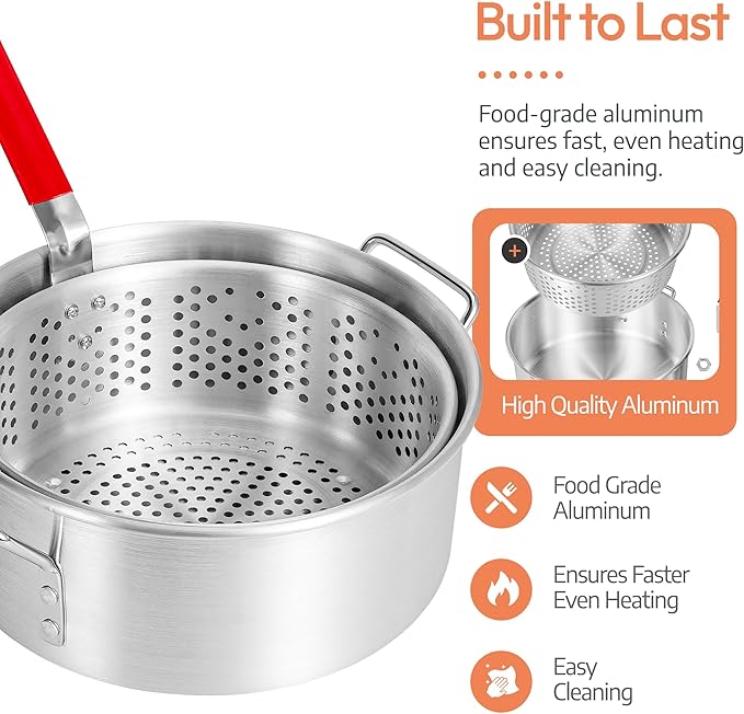 Aluminum Fish Fryer Pot with Basket | 10QT Deep Frying Pot with Handle | Outdoor Oil Fryer pan with Fry Basket | Cooking Pot | Fried Chicken, Fish, Seafood, Turkey Legs, French Fries