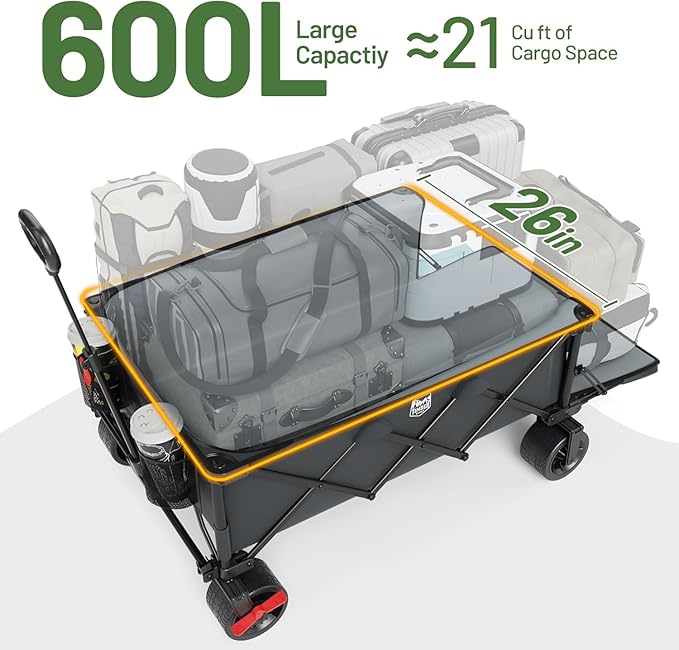 TIMBER RIDGE 600L Beast Wagon 26" W Extra Wide All Terrain Folding w/Big Wheels, Cargo Net & Tailgate, 26" W and 55.25" L, Capacity and 400lbs Heavy Duty Collapsible Portable Cart, Grey