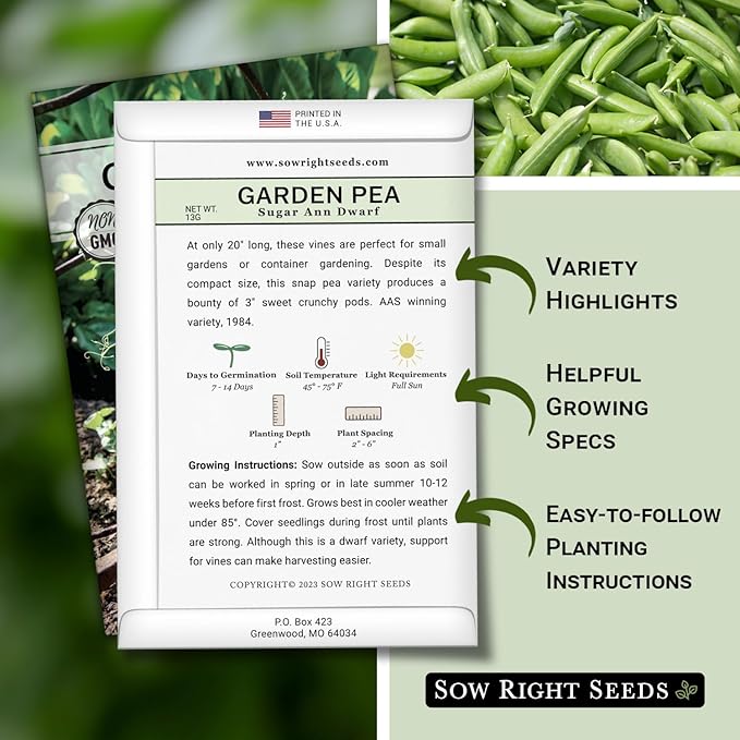 Sow Right Seeds - Sugar Ann Dwarf Pea Seeds for Planting - Non-GMO Heirloom Packet with Instructions to Plant an Outdoor Home Vegetable Garden - Short Bushes with a Crisp Snap - Spring and Fall (1)