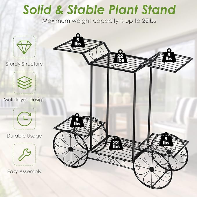Safstar 6 Tiered Metal Plant Stand w/4 Decorative Wheels, Multilayer Flower Display Shelf for Home, Garden, Patio, Parisian Style Potted Plant Rack Holder