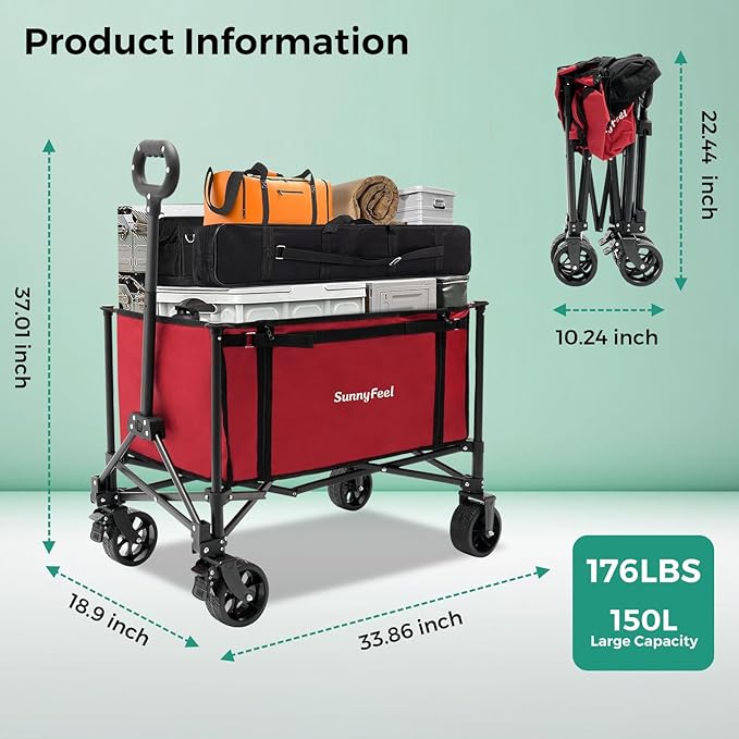 SUNNYFEEL Wagon Cart Foldable, Standard Borderless Version Collapsible Wagon with 220 LBS Max Load, Up to120L Foldable Grocery Cart with Side Opened for Groceries, Garden & Camping,Red