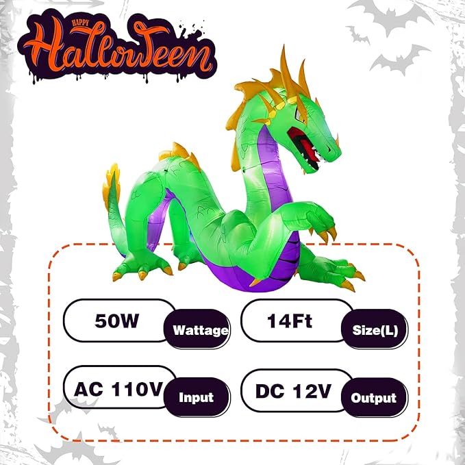 Giant 14FT Length 9FT Tall Green Dragon Halloween Inflatables, Halloween Dragon Blow Up Inflatable Outdoor Decoration Built-in 9 LEDs and Independent High-Power Blower for Yard Lawn Decor