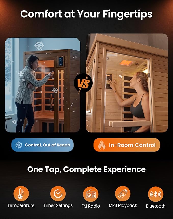 PAETA Infrared Sauna for Home | 1-Person Dry Sauna with 5 Carbon Heaters | Fast & Even Heating Low EMF Sauna | Bluetooth & Chromotherapy| Canadian Hemlock(Wooden)