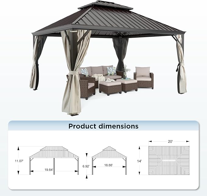 HERA'S HOUSE 12x14ft Hardtop Gazebo, Aluminum Metal Gazebo with Galvanized Steel Double Roof Canopy, Curtain and Netting, Permanent Pavilion for Patio Backyard Deck Lawn