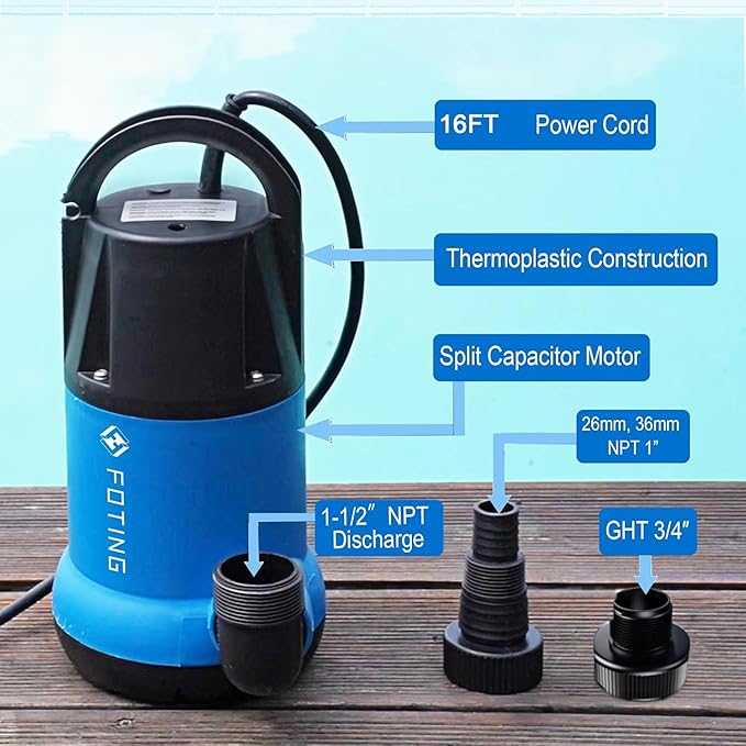 FOTING Sump Pump Automatic 3/4HP Clean/Dirty Submersible Water Pump, 3500GPH Utility Pump Thermoplastic Electric Portable Transfer Water Pump for Swimming Pool Garden Pond Basement with 16ft Long Cord
