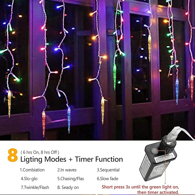 Christmas Icicle Lights, 29.5ft 360 LED Connectable Icicle String Lights with 60 Drops, Window Curtain Icicle Lights with 8 Modes, Icicle Fairy Twinkle Lights for Christmas Decorations (Multicolor)