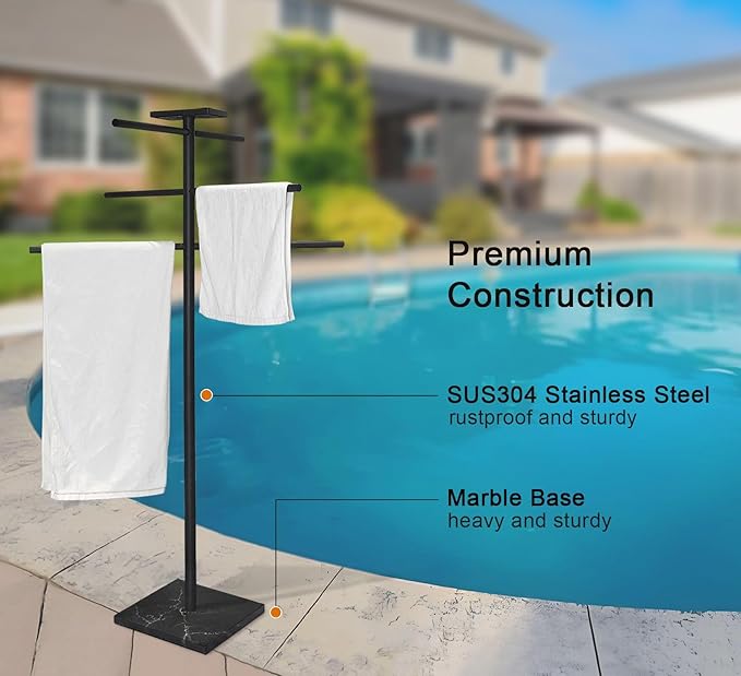 Swimming Pool Towel Rack with Tray, 304 Stainless Steel 6 Arms Freestanding Swimming Pool Towel Holder,Black Marble Base Outdoor Bath Sheet Drying Bar for Spa, Hot Tub & Patio