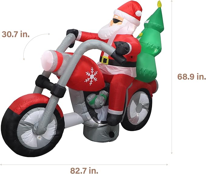 Fraser Hill Farm 7-Ft. Wide Santa on Motorcycle Blow Up Inflatable with Lights, Outdoor Christmas Inflatable Decoration for Lawn and Yard, Giant Festive Holiday Decor