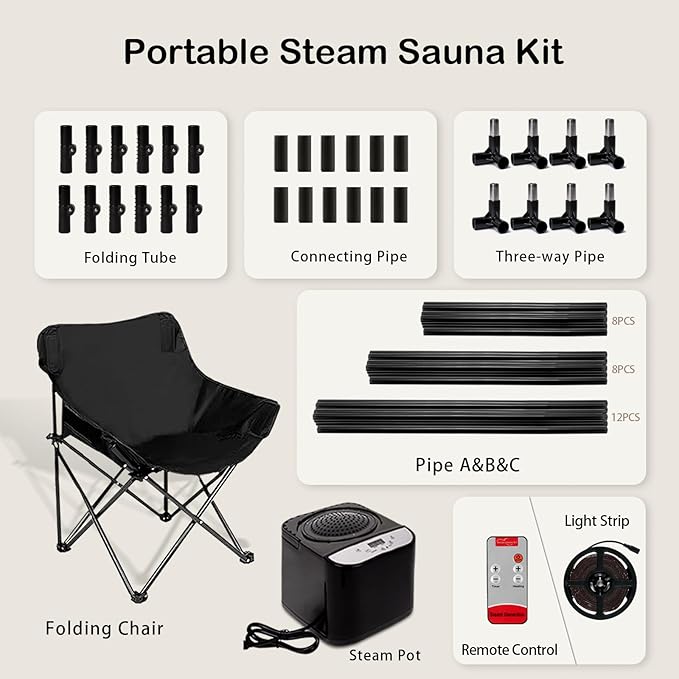 New UpgradeRed Light Collapsible Fridge Sauna Box for Relaxation,Detoxification,Portable Steam Sauna for Home with XL Steamer,16 Levels, 75”x 40”x40”，Double Doors，Larger Folding Chair, (Black)