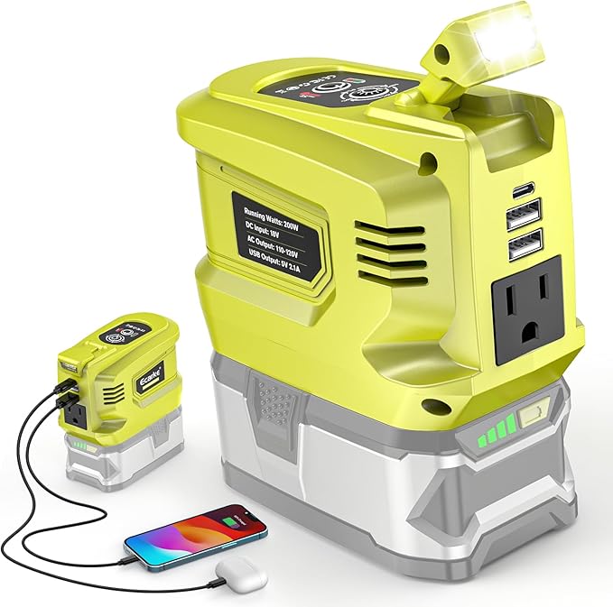 Portable Power Inverter Compatible with Ryobi,Ecarke Real 200W Outdoor Generato Battery Converter with 2 USB&LED&AC Powered Outlet,Convert DC 18V to AC 110V Portable Power Station(No Battery)