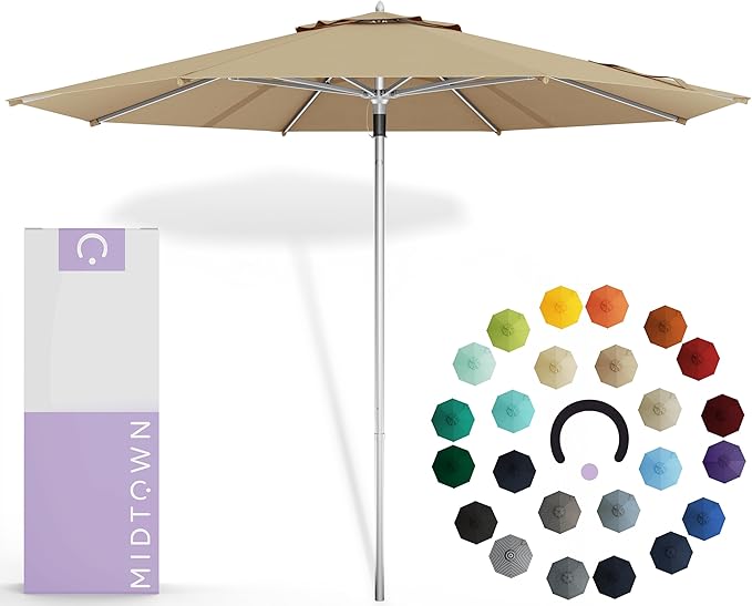 Midtown Umbrellas Push Pop Sunbrella Umbrella 9 Feet Outdoor Umbrella in Heather Tan Acrylic - Patio Umbrella, Backyard Umbrella, Garden Umbrella, Picnic Table Umbrella & Pool Umbrella - Black Pole