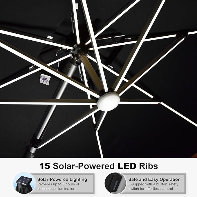 PURPLE LEAF 10 Feet Double Top Deluxe Solar Powered LED Square Patio Umbrella Offset Hanging Umbrella Outdoor Market Umbrella Garden Umbrella, Black