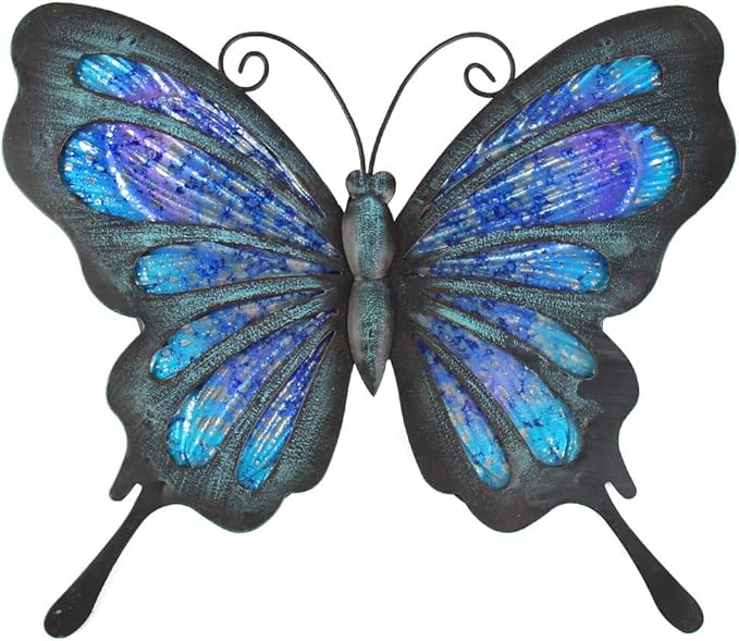 HONGLAND Metal Butterfly Wall Decor Outdoor Indoor Art Sculpture Hanging Glass Decorations Blue for Home Garden Bedroom