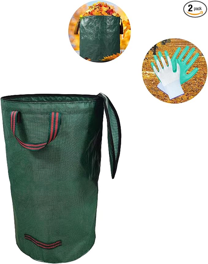 Reusable Yard Waste Bags,with Lid Extra Large Lawn Leaf Bags with Gardening Gloves,Standable Garden Waste Bag With 4 Handles,Container for Leaves,Lawn Debris & Grass Clippings(132Gallon)