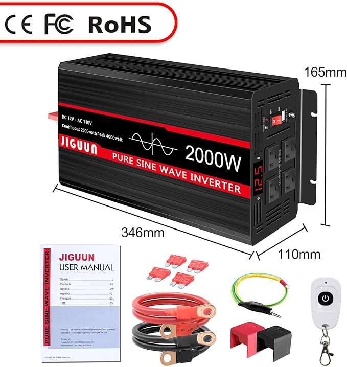 JIGUUN 4000W Peak Pure Sine Wave Power Inverter 2000 Watt,12v DC to 110/120v AC Inverter 3 AC & USB Output,Power Converter LED Display for Home RV Camping Outdoor Car Truck
