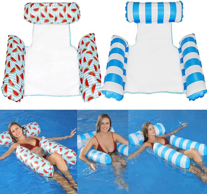HJW 2-Pack Inflatable Pool Lounger Chair - Multi-Purpose Floating Hammock for Adults, Comfortable Pool Float Raft for Swimming Pool & Water Activities(Striped Light Blue + Watermelon)