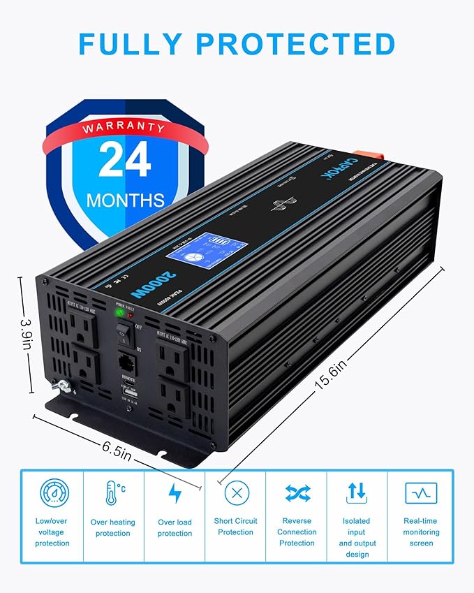 2000W Pure Sine Wave Inverter DC 12V AC 120V Double LCD Screen Remote Control Power Inverter 30W USB-C 4AC Outlets for RV, Home, Solar System