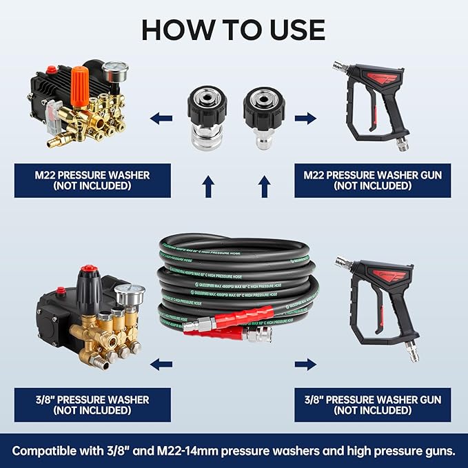 3/8" Pressure Washer Hose 25FT 4800PSI, with M22 14 mm to 3/8 Inch Quick Connect, Kink Resistant Industry Grade Steel Wire Braided Synthetic Rubber Jacket with 2 M22 14mm Adapter Set