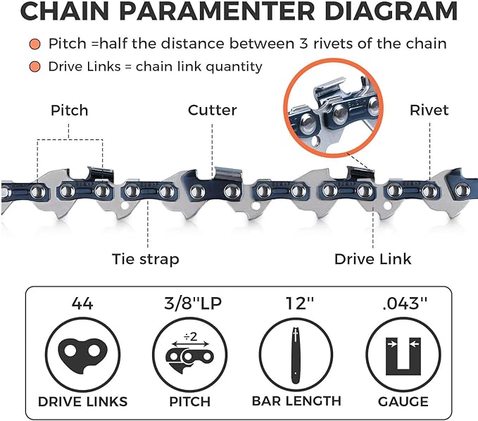 12 Inch Chainsaw Chain 3/8" LP Pitch .043" Gauge 44 Drive Links- 61PMM3 44 Fits STIHL HT101 Pole Saw, ECHO PPF-210/225/280/2620, PPT-260/266-36100050044, 90PX44CQ, R44 (3 Packs) (90YNP-6)