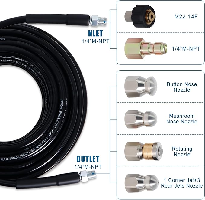 150FT Sewer Jetter Kit for Pressure Washer, 5800PSI Drain Cleaner Hose 1/4 Inch NPT Corner with 4 Sewer Jetting Nozzles，Waterproof Tape，Pearl Corsage Pin，Handle Strap & 2 Spanners (Black)