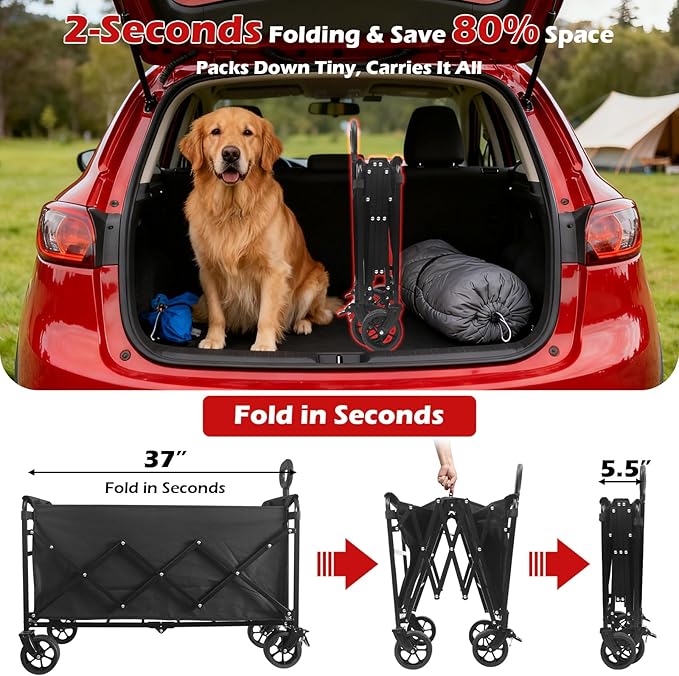 Collapsible Wagons Carts Foldable Wagon, 500LBS Wagon Cart Foldable Heavy Duty with Brakes & All-Terrain Wheels, Large Collapsible Folding Wagons for Beach Camp Sports Grocery, Portable (Black)