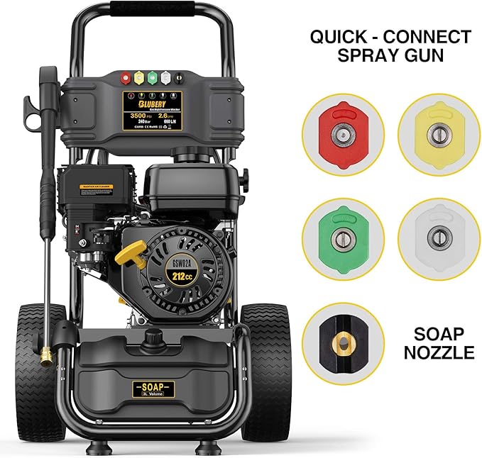 BLUBERY Gas Pressure Washer, 3500 PSI Pressure Washer，2.6 GPM Heavy Duty Power Washer, 30 feet Pressure Hose&Soap Tank,4-Stroke OHV 212cc Engine,Portable Industrial Style,Black