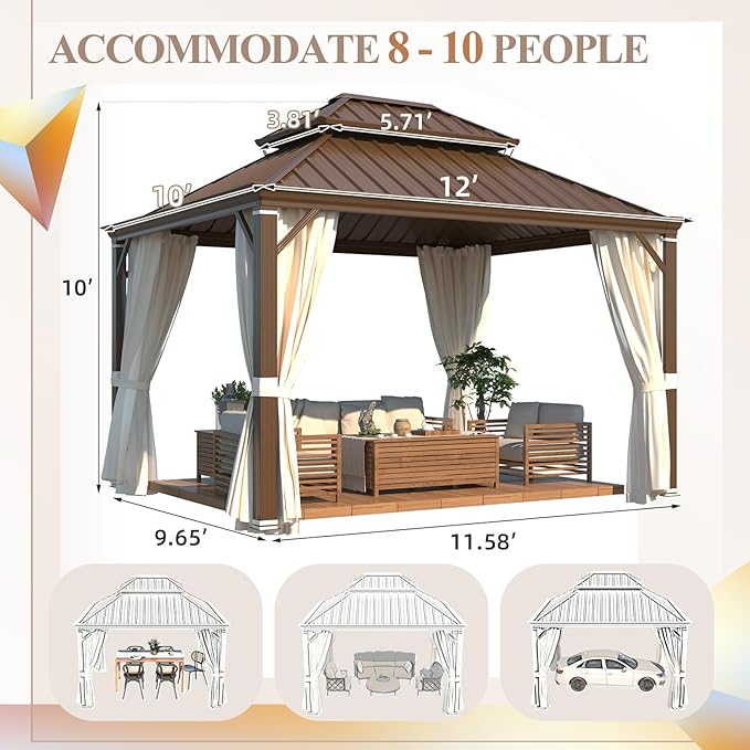YOLENY 10' x 12' Gazebo, Galvanized Steel Double Roof Hardtop Gazebo with Aluminum Frame, Permanent Outdoor Metal Pavilion with Curtain and Netting for Patio, Lawn and Garden
