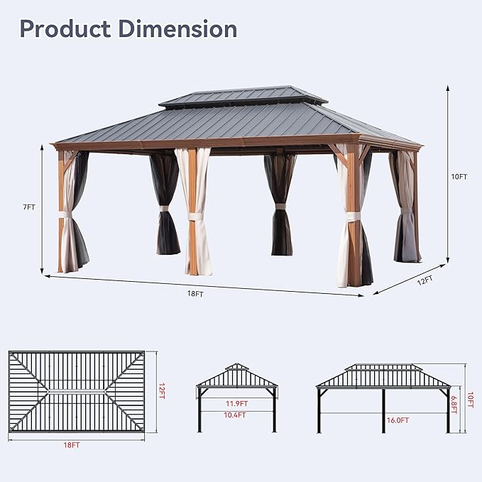 12' X 18' Double-Tier Hardtop Gazebo, Thermal Transfer Faux Wood Metal Gazebo with Galvanized Steel Roof Curtain and Netting, Permanent Gazebo Pavilion for Patio, Backyard, Deck, Lawn