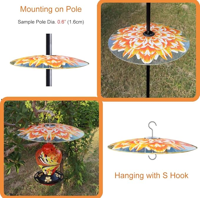 13" Glass Rain Guard for Bird Feeder Outdoors - Pack of 2PC X Baffle on Shepherd Pole/Post or S Hook Hanging - Large Weather Guard Protective Dome - Dia. 33CM - Flower Daisy