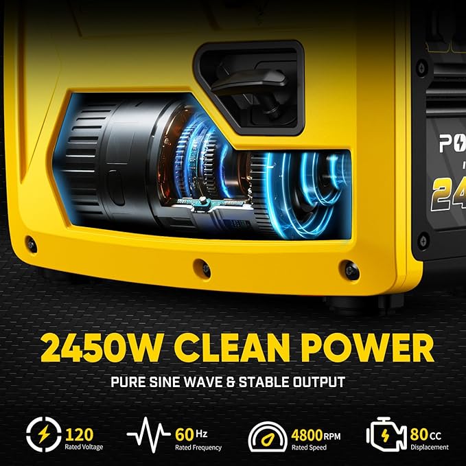 2450-Watt Portable Inverter Generator for Home Use, 6L/1.6Gallon Large Fuel Tank Up to 8.3 Hours Use, 120V Gas Powered Generator Super Quiet - EPA Compliant,Yellow