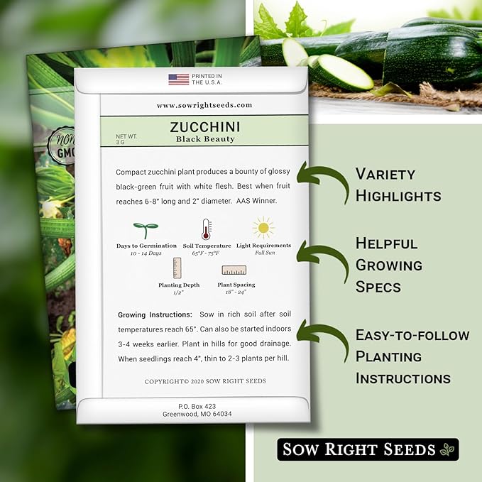 Sow Right Seeds - Black Beauty Zucchini Seeds for Planting - Non-GMO Heirloom Packet with Instructions to Plant a Home Vegetable Garden - Summer Squash - Classic Zucchini Good for Large Containers (1)