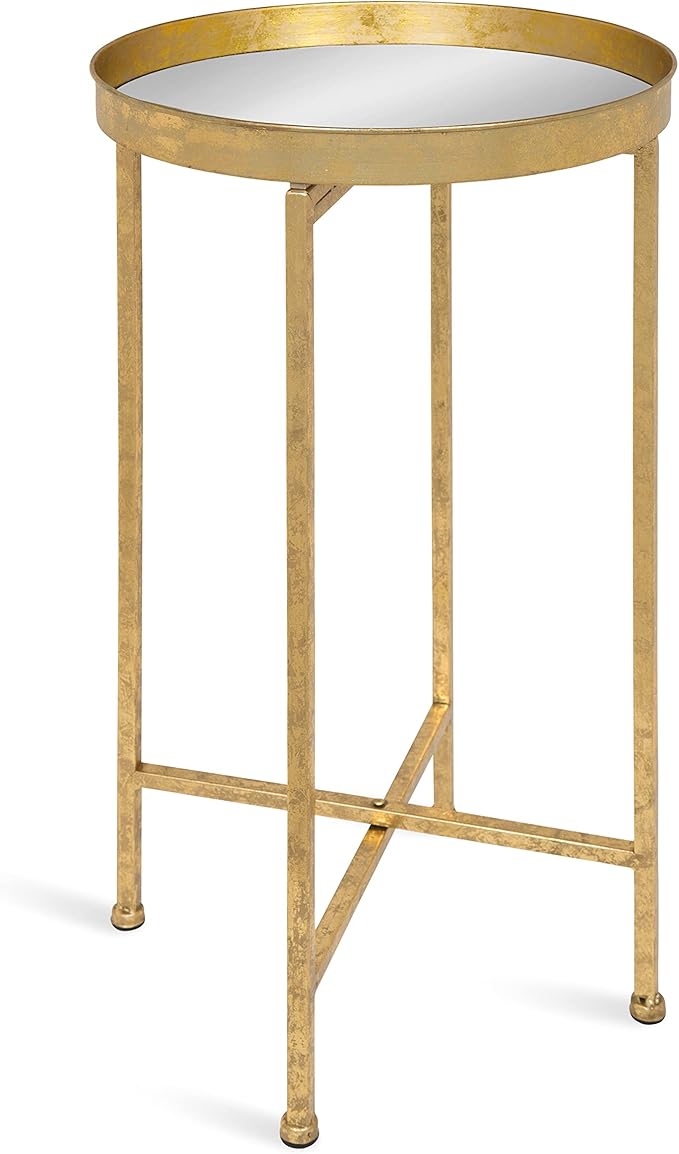 Kate and Laurel Celia Round Metal Foldable Accent Table with Mirror Tray Top, Gold