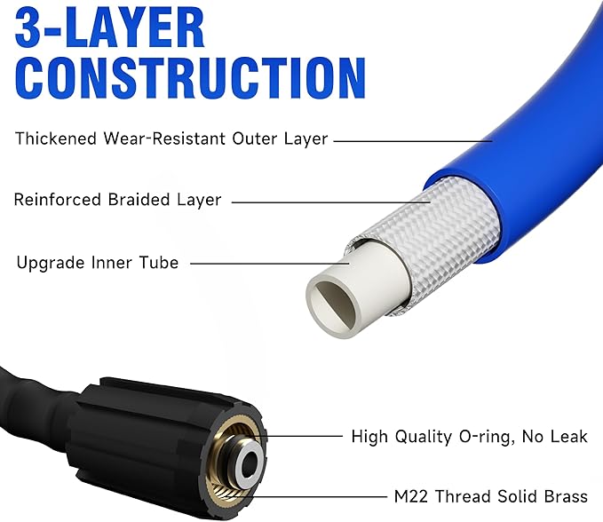 Pressure Washer Hose 50FT 1/4'' Kink Resistant 3600 PSI Power Washer Hose Extension with Leak-Free M22 Female and 3/8" Quick Connection Kit (50FT)