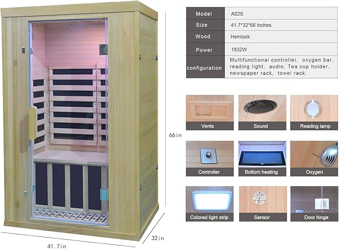 Home Infrared Sauna 2 Person Sauna Wooden Canadian Hemlock 1650W Low Emf Graphene Carbon Plate Heater Indoor Saunas Spa 41.7 * 32 * 66 inches